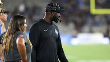 Sep 12, 2025; Pasadena, California, USA;  UCLA Bruins head coach DeShaun Foster looks on during the second half against the New Mexico Lobos at Rose Bowl. Mandatory Credit: Kiyoshi Mio-Imagn Images