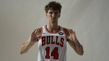 Sep 29, 2025; Chicago, IL, USA; Chicago Bulls forward Matas Buzelis (14) poses for photos during Chicago Bulls Media Day. Mandatory Credit: David Banks-Imagn Images