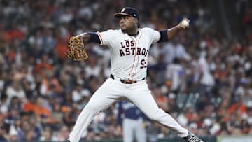 Sep 20, 2025; Houston, Texas, USA; Houston Astros starting pitcher Framber Valdez (59) delivers a. pitch during the first inning against the Seattle Mariners at Daikin Park. Mandatory Credit: Troy Taormina-Imagn Images