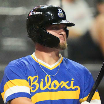 Biloxi Shuckers' Blake Burke (38) on deck at the Minor League Baseball game against the Knoxville Smokies on August 5, 2025, Knoxville, Tennessee.
