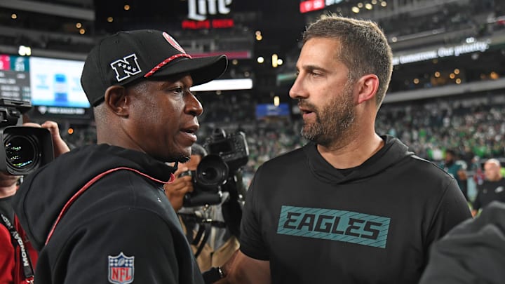 Sep 16, 2024; Philadelphia, Pennsylvania, USA; Atlanta Falcons head coach Raheem Morris and Philadelphia Eagles head coach Nick Sirianni meet on the field after game at Lincoln Financial Field. Mandatory Credit: Eric Hartline-Imagn Images