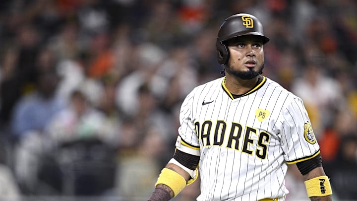 Sep 16, 2024; San Diego, California, USA; San Diego Padres designated hitter Luis Arraez (4) looks on after striking out to end the second inning against the Houston Astros at Petco Park. 