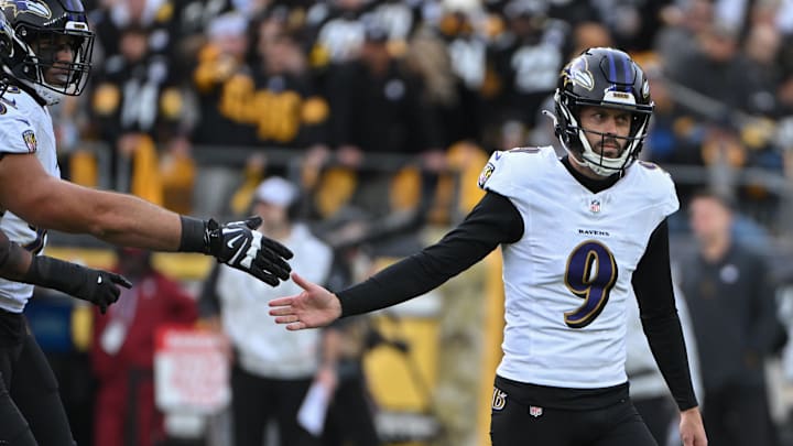 Nov 17, 2024; Pittsburgh, Pennsylvania, USA; Baltimore Ravens place kicker Justin Tucker (9) celebrates a 54 yard filed goal against the Pittsburgh Steelers during the third quarter at Acrisure Stadium. Mandatory Credit: Barry Reeger-Imagn Images Nov 17, 2024; Pittsburgh, Pennsylvania, USA; Baltimore Ravens place kicker Justin Tucker (9) celebrates a 54 yard filed goal against the Pittsburgh Steelers during the third quarter at Acrisure Stadium. Mandatory Credit: Barry Reeger-Imagn Images