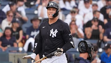Mar 10, 2025; Tampa, Florida, USA; New York Yankees outfielder Aaron Judge (99) reacts after striking out against the Detroit Tigers during the third inning at George M. Steinbrenner Field. 