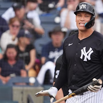 Mar 10, 2025; Tampa, Florida, USA; New York Yankees outfielder Aaron Judge (99) reacts after striking out against the Detroit Tigers during the third inning at George M. Steinbrenner Field. 