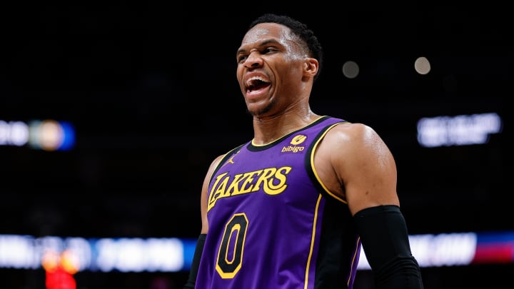 Jan 9, 2023; Denver, Colorado, USA; Los Angeles Lakers guard Russell Westbrook (0) reacts in the fourth quarter against the Denver Nuggets at Ball Arena. Mandatory Credit: Isaiah J. Downing-USA TODAY Sports