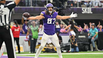 Nov 12, 2023; Minneapolis, Minnesota, USA; Minnesota Vikings tight end T.J. Hockenson (87) reacts after a touchdown against the New Orleans Saints at U.S. Bank Stadium. Mandatory Credit: Jeffrey Becker-Imagn Images