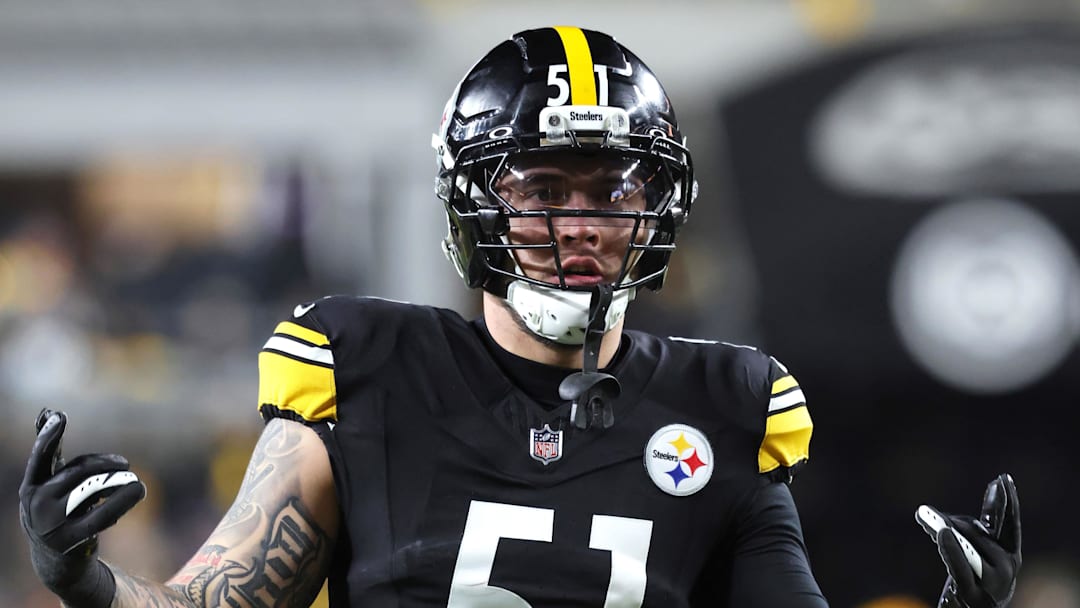 Jan 12, 2026; Pittsburgh, PA, USA;  Pittsburgh Steelers linebacker Nick Herbig (51) gestures against  the Houston Texans during the first quarter in an AFC Wild Card Round game at Acrisure Stadium. Mandatory Credit: Charles LeClaire-Imagn Images