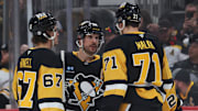 Apr 13, 2025; Pittsburgh, Pennsylvania, USA;  Pittsburgh Penguins right wing Rickard Rakell (67) and center Sidney Crosby (87) and center Evgeni Malkin (71) talk before a face-off against the Boston Bruins during the third period at PPG Paints Arena. Mandatory Credit: Charles LeClaire-Imagn Images