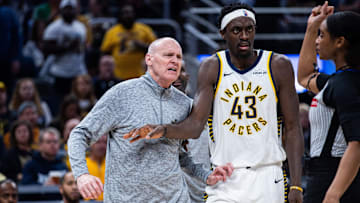 Indiana Pacers head coach Rick Carlisle and forward Pascal Siakam (43) in the second half against the Brooklyn Nets at Gainbridge Fieldhouse.
