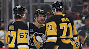 Pittsburgh Penguins forwards Rickard Rakell, Sidney Crosby and Evgeni Malkin