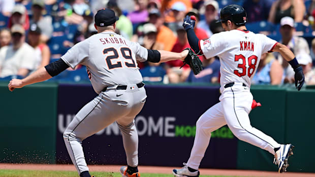 Steven Kwan (38) beats Detroit Tigers starting pitcher Tarik Skubal (29) to first base for a hit