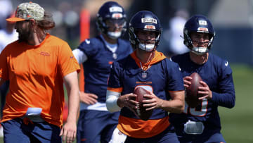 May 23, 2024; Englewood, CO, USA; Denver Broncos quarterback Jarrett Stidham (8) and quarterback Bo Nix (10) during organized team activities at Centura Health Training Center. 