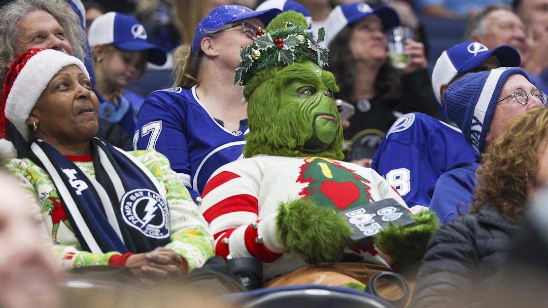 Dec 22, 2025; Tampa, Florida, USA; a fan dressed as the Grinch watch an NHL game between the Tampa Bay Lightning and the St. Louis Blues at Benchmark International Arena. Mandatory Credit: Nathan Ray Seebeck-Imagn Images
