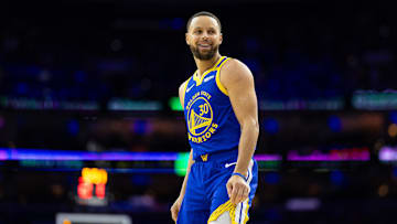 Mar 1, 2025; Philadelphia, Pennsylvania, USA; Golden State Warriors guard Stephen Curry (30) in a game against the Philadelphia 76ers at Wells Fargo Center. Mandatory Credit: Bill Streicher-Imagn Images