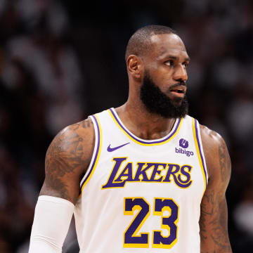 Apr 20, 2024; Denver, Colorado, USA; Los Angeles Lakers forward LeBron James (23) looks on during the third quarter against the Denver Nuggets in game one of the first round for the 2024 NBA playoffs at Ball Arena. Mandatory Credit: Andrew Wevers-USA TODAY Sports