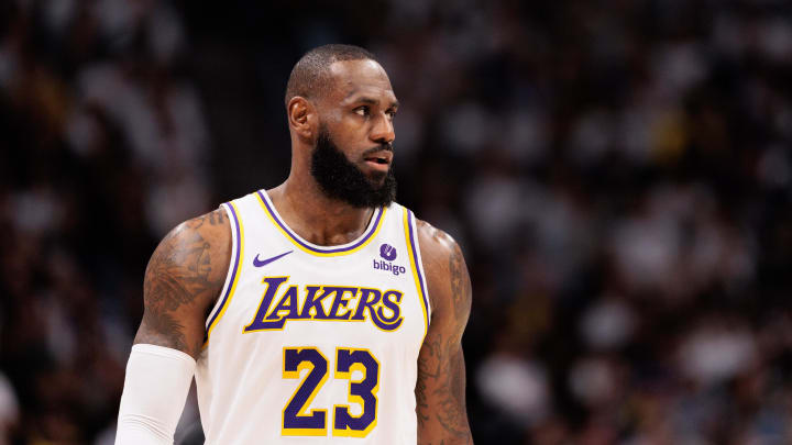 Apr 20, 2024; Denver, Colorado, USA; Los Angeles Lakers forward LeBron James (23) looks on during the third quarter against the Denver Nuggets in game one of the first round for the 2024 NBA playoffs at Ball Arena. Mandatory Credit: Andrew Wevers-USA TODAY Sports