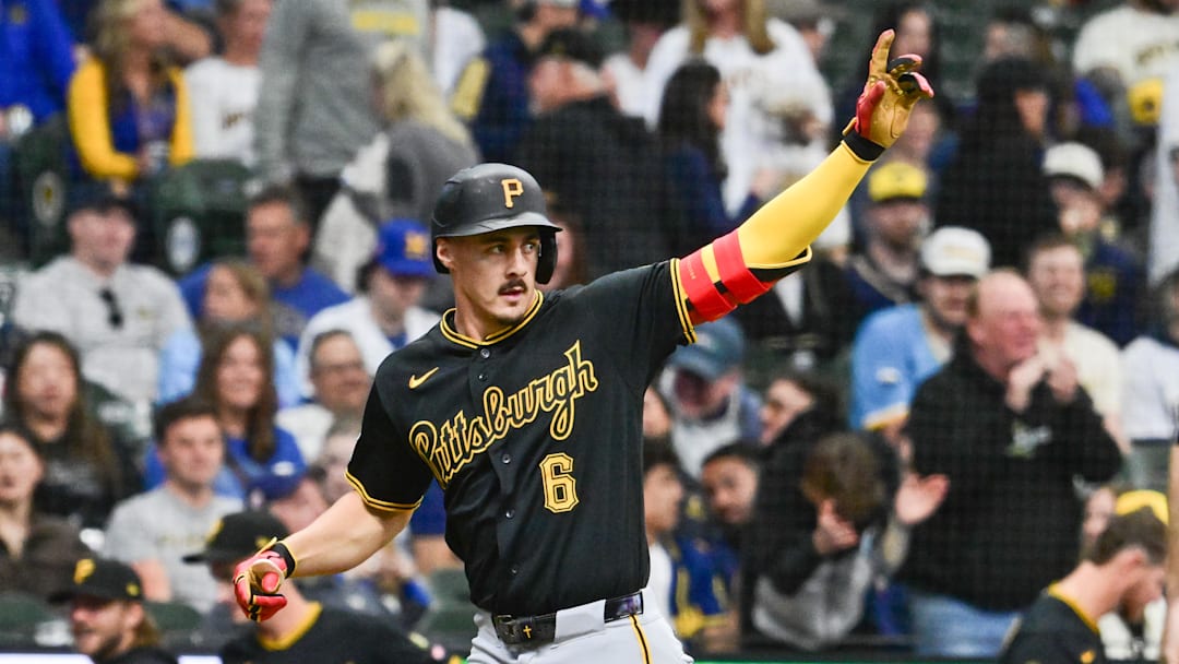 Apr 24, 2026; Milwaukee, Wisconsin, USA; Pittsburgh Pirates shortstop Konnor Griffin (6) reacts after hitting a solo home run in the third inning against the Milwaukee Brewers at American Family Field. Mandatory Credit: Benny Sieu-Imagn Images