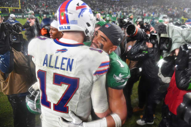 Buffalo Bills quarterback Josh Allen and Philadelphia Eagles quarterback Jalen Hurts meet on the field Eagles win in overtime Buffalo Bills quarterback Josh Allen and Philadelphia Eagles quarterback Jalen Hurts meet on the field Eagles win in overtime