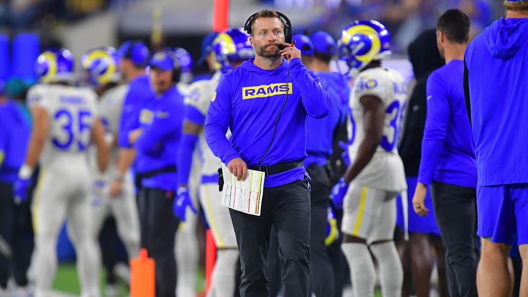 Oct 24, 2024; Inglewood, California, USA; Los Angeles Rams head coach Sean McVay watches game action against the Minnesota Vikings during the first half at SoFi Stadium. Mandatory Credit: Gary A. Vasquez-Imagn Images