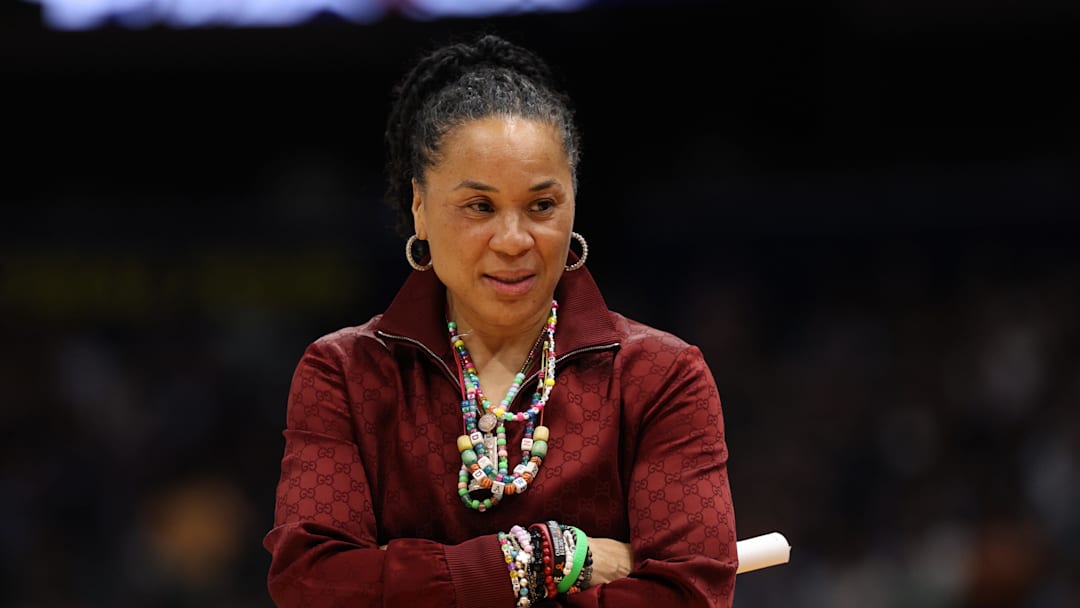 Apr 4, 2025; Tampa, FL, USA;  South Carolina Gamecocks head coach Dawn Staley reacts during the first quarter in a semifinal of the women's 2025 NCAA tournament against the Texas Longhorns at Amalie Arena. Mandatory Credit: Nathan Ray Seebeck-Imagn Images