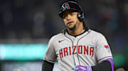 Arizona Diamondbacks second baseman Ketel Marte (4) reacts after hitting an RBI singe during the second inning against the New York Yankees at Yankee Stadium. 