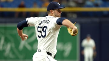 Sep 3, 2024; St. Petersburg, Florida, USA;  Tampa Bay Rays starting pitcher Jeffrey Springs (59) throws a pitch in the second inning against the Minnesota Twins at Tropicana Field. Mandatory Credit: Kim Klement Neitzel-Imagn Images