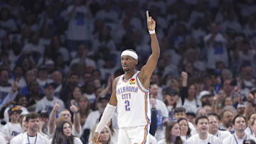 Apr 20, 2025; Oklahoma City, Oklahoma, USA; Oklahoma City Thunder guard Shai Gilgeous-Alexander (2) gestures after a play against the Memphis Grizzlies during the first quarter at Paycom Center. Mandatory Credit: Alonzo Adams-Imagn Images