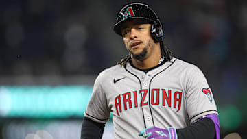 Arizona Diamondbacks second baseman Ketel Marte (4) reacts after hitting an RBI singe during the second inning against the New York Yankees at Yankee Stadium. 