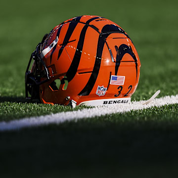 Dec 1, 2024; Cincinnati, Ohio, USA; A general view of the helmet of Cincinnati Bengals running back Trayveon Williams (32) during warmups before the game against the Pittsburgh Steelers at Paycor Stadium. Mandatory Credit: Katie Stratman-Imagn Images