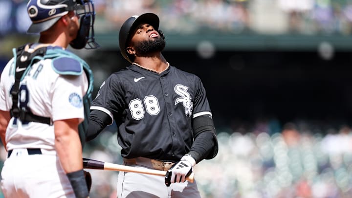 Aug 7, 2025; Seattle, Washington, USA; Chicago White Sox center fielder Luis Robert Jr. (88) reacts during the first inning against the Seattle Mariners at T-Mobile Park. Mandatory Credit: Kevin Ng-Imagn Images