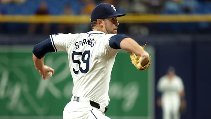 Sep 3, 2024; St. Petersburg, Florida, USA;  Tampa Bay Rays starting pitcher Jeffrey Springs (59) throws a pitch in the second inning against the Minnesota Twins at Tropicana Field. Mandatory Credit: Kim Klement Neitzel-Imagn Images