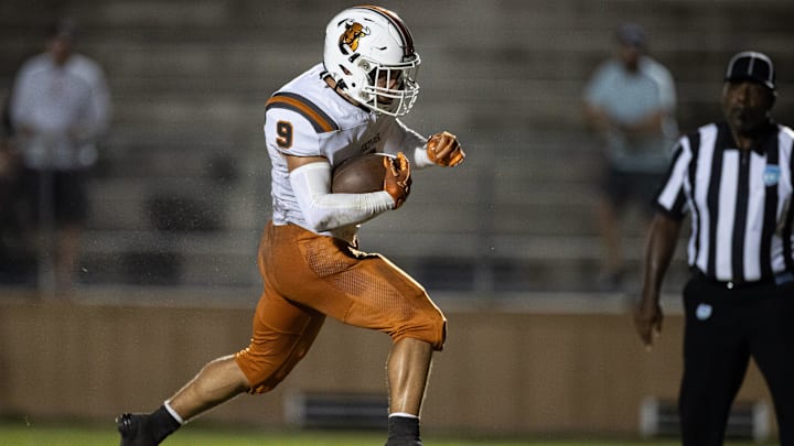 Tocoi Creek Toros running back Vincent Galella (9) rushes with the ball for a touchdown against the Buchholz Bobcats during the first half at Citizens Field in Gainesville, FL on Monday, October 14, 2024. [Matt Pendleton/Gainesville Sun]
