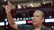 Feb 22, 2025; Houston, Texas, USA; Houston Cougars head coach Kelvin Sampson sings the school song  after defeating the Iowa State Cyclones in the second half at Fertitta Center.