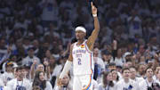 Oklahoma City Thunder guard Shai Gilgeous-Alexander gestures after a play against the Memphis Grizzlies during the first quarter at Paycom Center. 