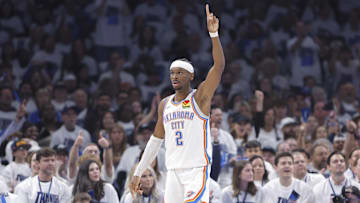 Oklahoma City Thunder guard Shai Gilgeous-Alexander gestures after a play against the Memphis Grizzlies during the first quarter at Paycom Center. 