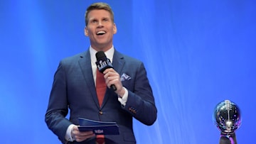 Jan 29, 2018; St. Paul, MN, USA; NFL Network broadcaster Scott Hanson speaks with the Lombardi trophy by his side during Super Bowl LII Opening Night at Xcel Energy Center. 