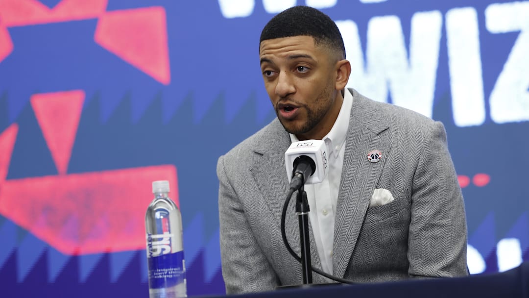 Jan 9, 2026; Washington, District of Columbia, USA; Washington Wizards general manager Will Dawkins  introduces newly acquired Wizards guard Trae Young (not pictured) at a press conference prior to the Wizards' game against the New Orleans Pelicans at Capital One Arena. Mandatory Credit: Geoff Burke-Imagn Images