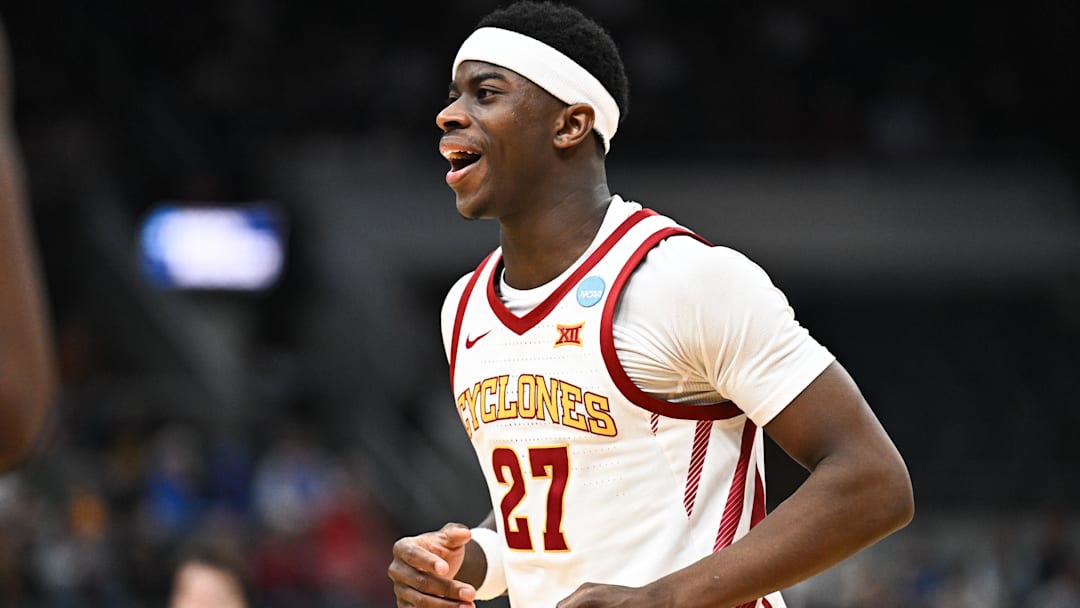 Mar 22, 2026; St. Louis, MO, USA; Iowa State Cyclones guard Killyan Toure (27) reacts during the second half against the Kentucky Wildcats during a second round game of the men's 2026 NCAA Tournament at Enterprise Center.