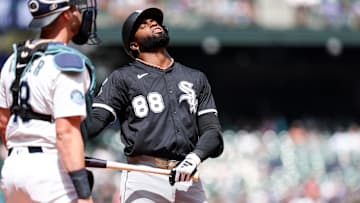 Aug 7, 2025; Seattle, Washington, USA; Chicago White Sox center fielder Luis Robert Jr. (88) reacts during the first inning against the Seattle Mariners at T-Mobile Park. Mandatory Credit: Kevin Ng-Imagn Images