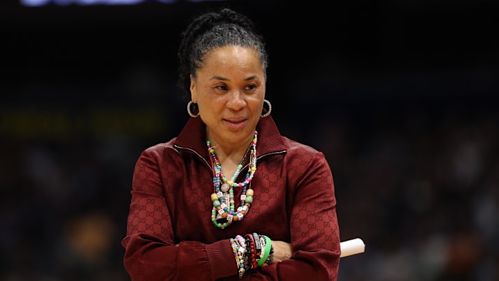 South Carolina Gamecocks head coach Dawn Staley reacts during the fsemifinal of the women's 2025 NCAA tournament.