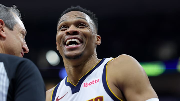Dec 16, 2024; Sacramento, California, USA; Denver Nuggets guard Russell Westbrook (4) shares a laugh with referee J.T. Orr (72) during the second quarter against the Sacramento Kings at Golden 1 Center. Mandatory Credit: Sergio Estrada-Imagn Images Dec 16, 2024; Sacramento, California, USA; Denver Nuggets guard Russell Westbrook (4) shares a laugh with referee J.T. Orr (72) during the second quarter against the Sacramento Kings at Golden 1 Center. Mandatory Credit: Sergio Estrada-Imagn Images