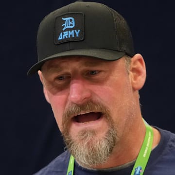 Detroit Lions coach Dan Campbell speaks during the NFL Scouting Combine at the Indiana Convention Center