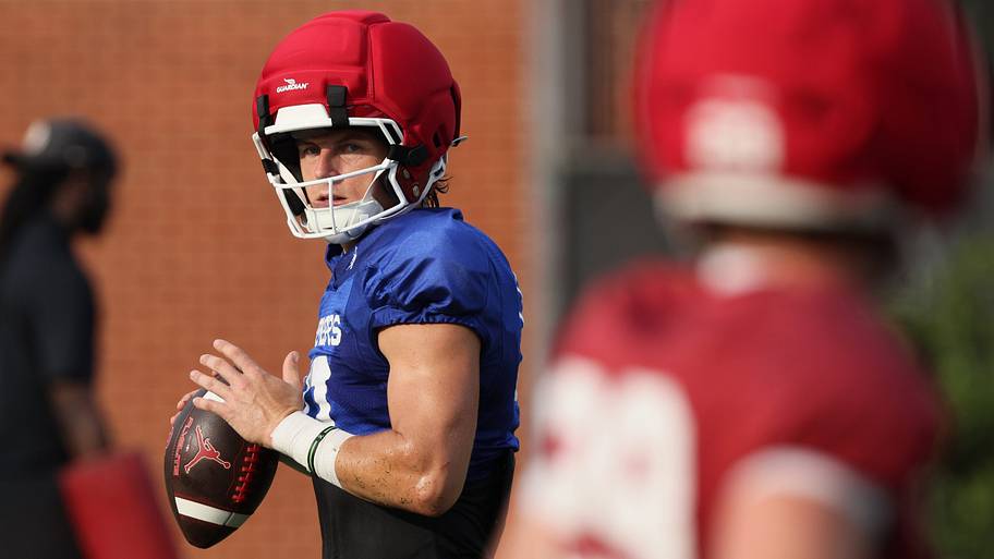 Oklahoma quarterback John Mateer during football practice.