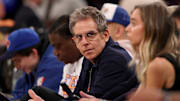 Actor Ben Stiller sits court side at a New York Knicks playoff game.