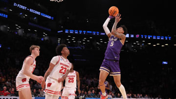 Mar 22, 2024; Brooklyn, NY, USA; James Madison Dukes guard Terrence Edwards Jr. (5) shoots the ball