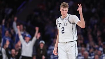 Feb 22, 2025; New York, NY, USA; Duke Blue Devils guard Cooper Flagg (2) gestures after making a three-point shot in the second half against the Illinois Fighting Illini at Madison Square Garden. Mandatory Credit: Wendell Cruz-Imagn Images