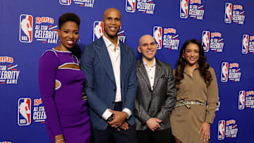 Feb 16, 2024; Indianapolis, IN, USA; Left to right: Monica McNutt, Richard Jefferson, Ryan Ruocco, and Cassidy Hubbarth on the red carpet before the All Star Celebrity Game at Lucas Oil Stadium. 