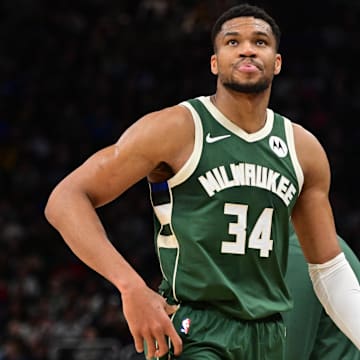 Feb 27, 2025; Milwaukee, Wisconsin, USA;  Milwaukee Bucks forward Giannis Antetokounmpo (34) looks on in the third quarter against the Denver Nuggets at Fiserv Forum. Mandatory Credit: Benny Sieu-Imagn Images