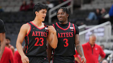 San Diego State Aztecs guards Kimo Ferrari (23) and Wayne McKinney III (3). 